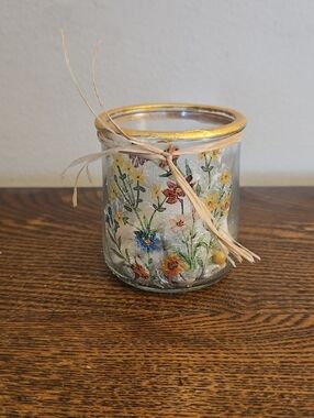 Handmade Decoupage Floral Glass Jar with Gold Rim & Raffia .